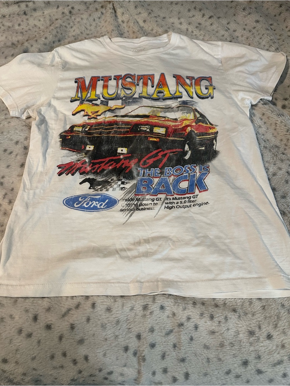 Ford Mustang Graphic Tee - White with Red, Yellow, Blue Accents